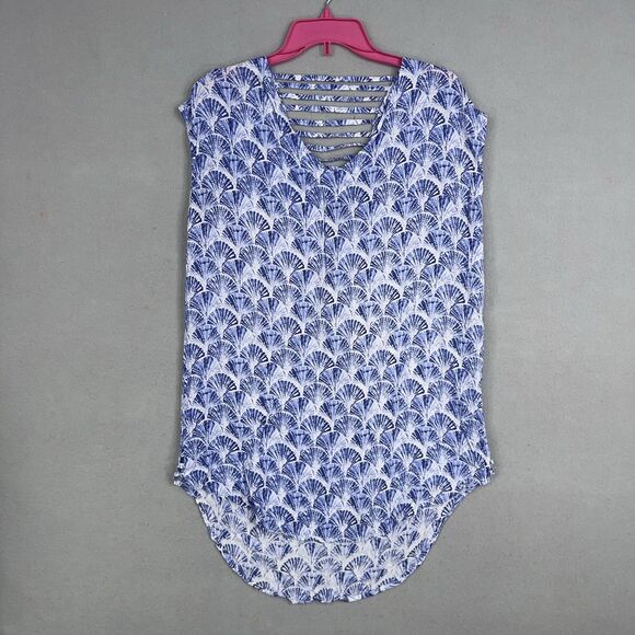 Tiare Hawaii Shirt Womens One Size Blue White Shell Resort Island Coastal Vacay - Picture 1 of 13